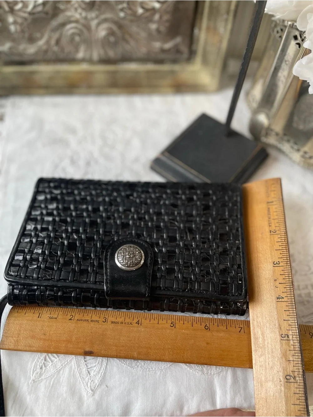 Brighton black leather woven crossbody wallet